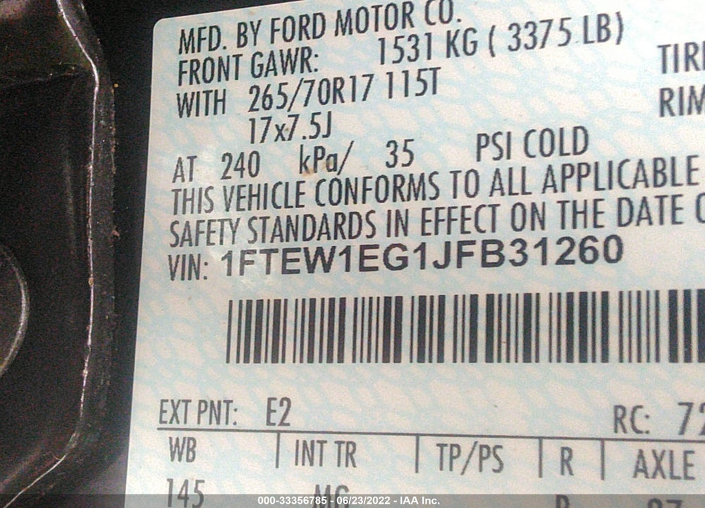 2018 FORD F-150 XLT VIN: 1FTEW1EG1JFB31260