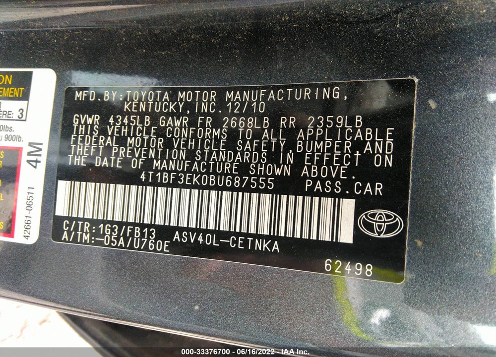 2011 TOYOTA CAMRY LE VIN: 4T1BF3EK0BU687555