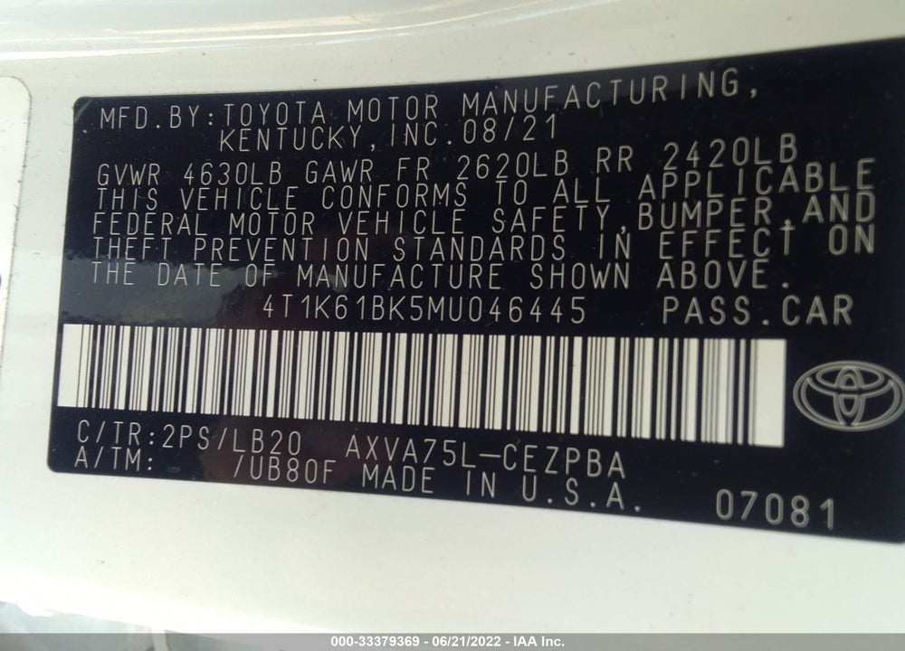 2021 TOYOTA CAMRY XSE AWD VIN: 4T1K61BK5MU046445