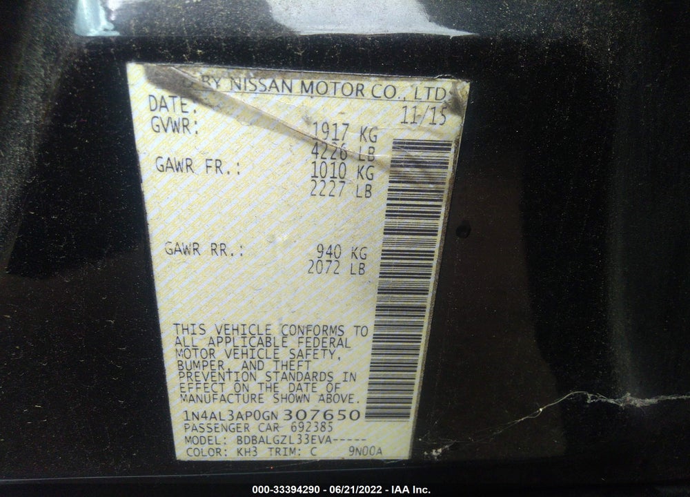 2016 NISSAN ALTIMA VIN: 1N4AL3AP0GN307650