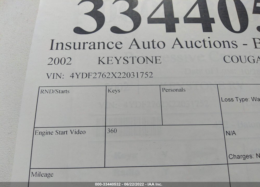 2002 KEYSTONE COUGAR VIN: 4YDF2762X22031752