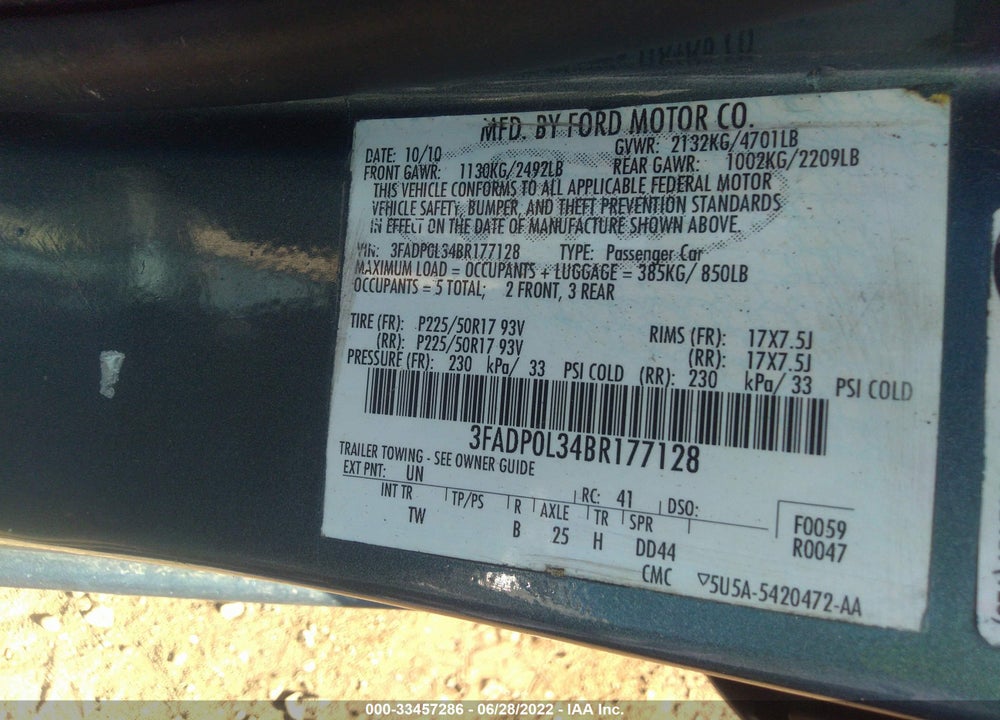 2011 FORD FUSION VIN: 3FADP0L34BR177128