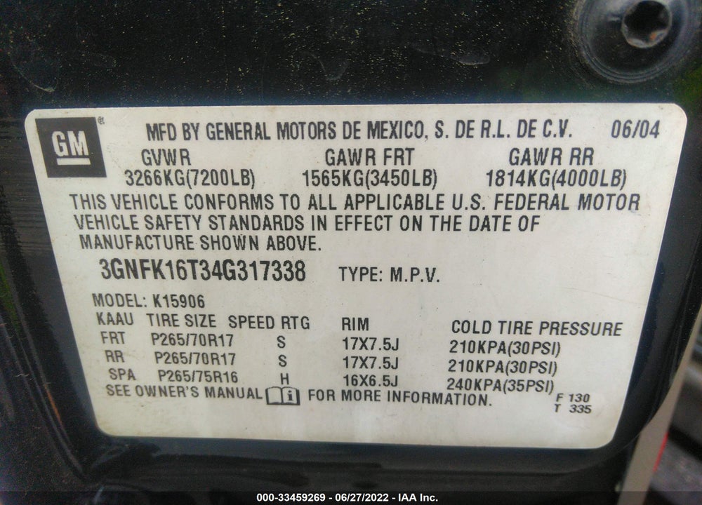2004 CHEVROLET SUBURBAN 1500 Z71 VIN: 3GNFK16T34G317338