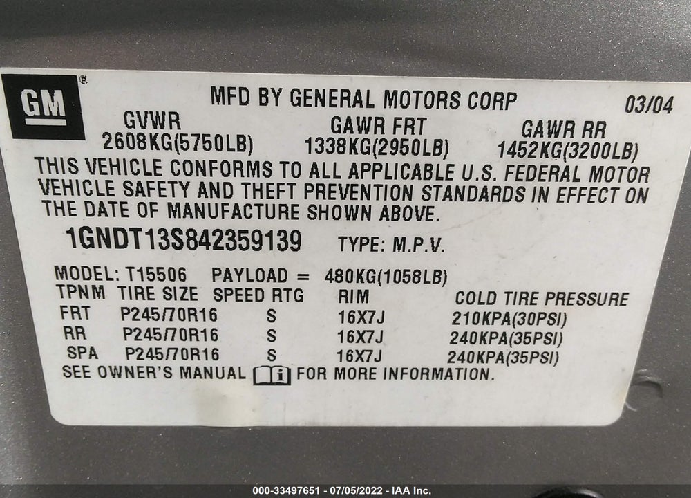 2004 CHEVROLET TRAILBLAZER LS VIN: 1GNDT13S842359139