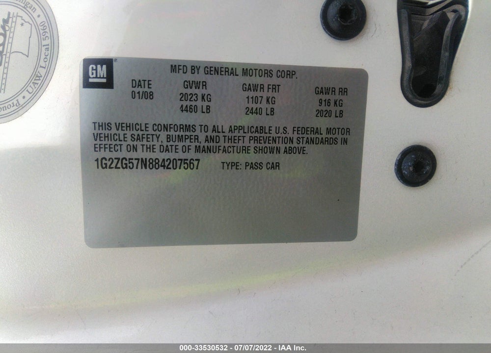 2008 PONTIAC G6 VIN: 1G2ZG57N884207567