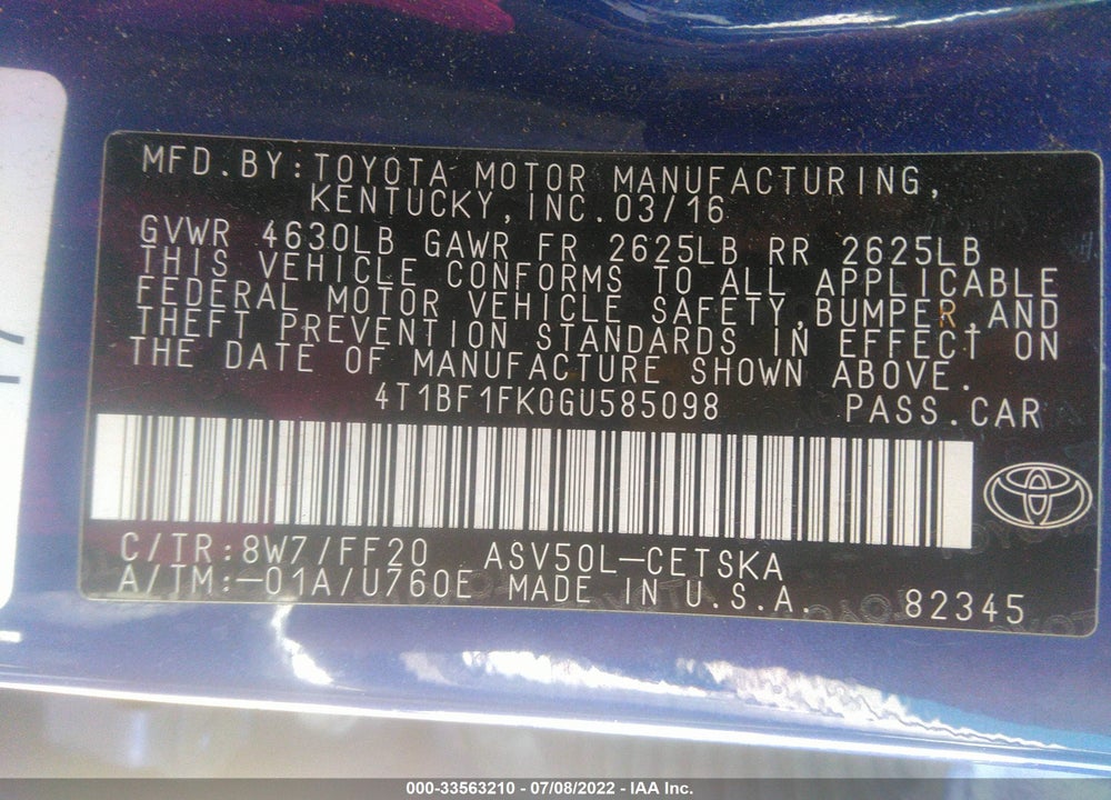2016 TOYOTA CAMRY VIN: 4T1BF1FK0GU585098