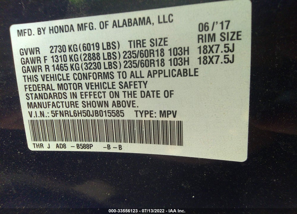 2018 HONDA ODYSSEY EX VIN: 5FNRL6H50JB015585