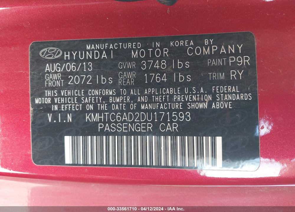2013 HYUNDAI VELOSTER VIN: KMHTC6AD2DU171593