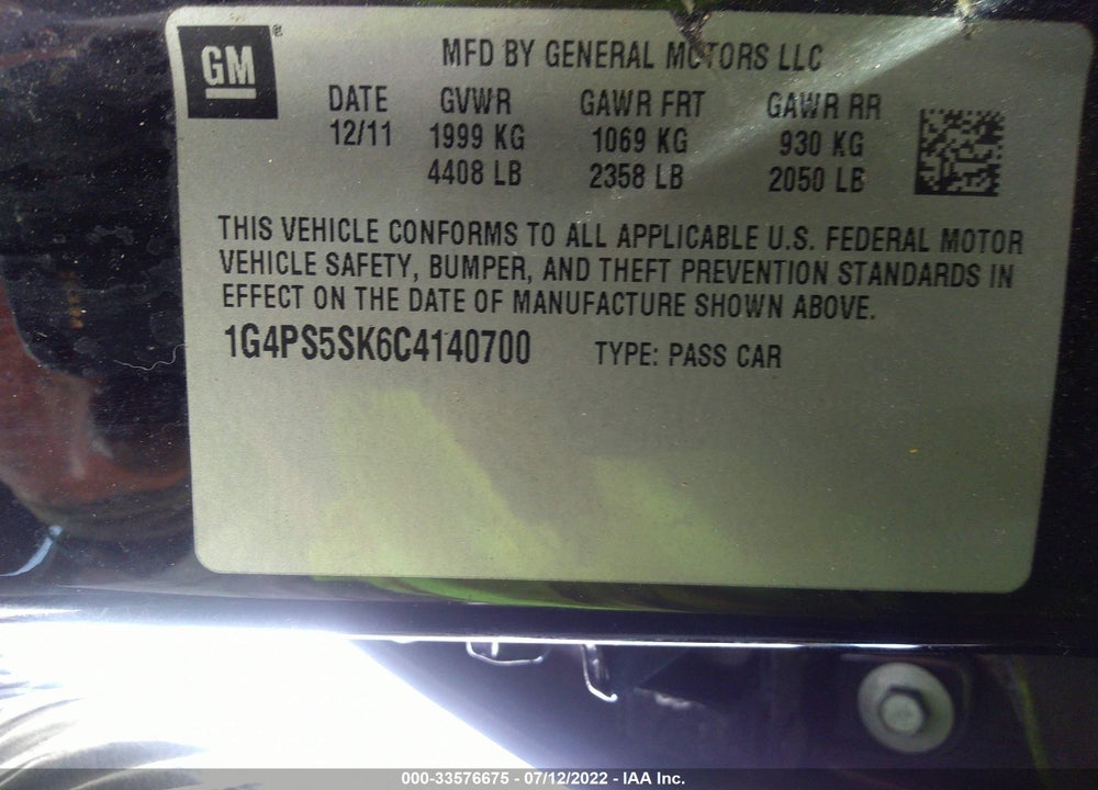2012 BUICK VERANO LEATHER GROUP VIN: 1G4PS5SK6C4140700