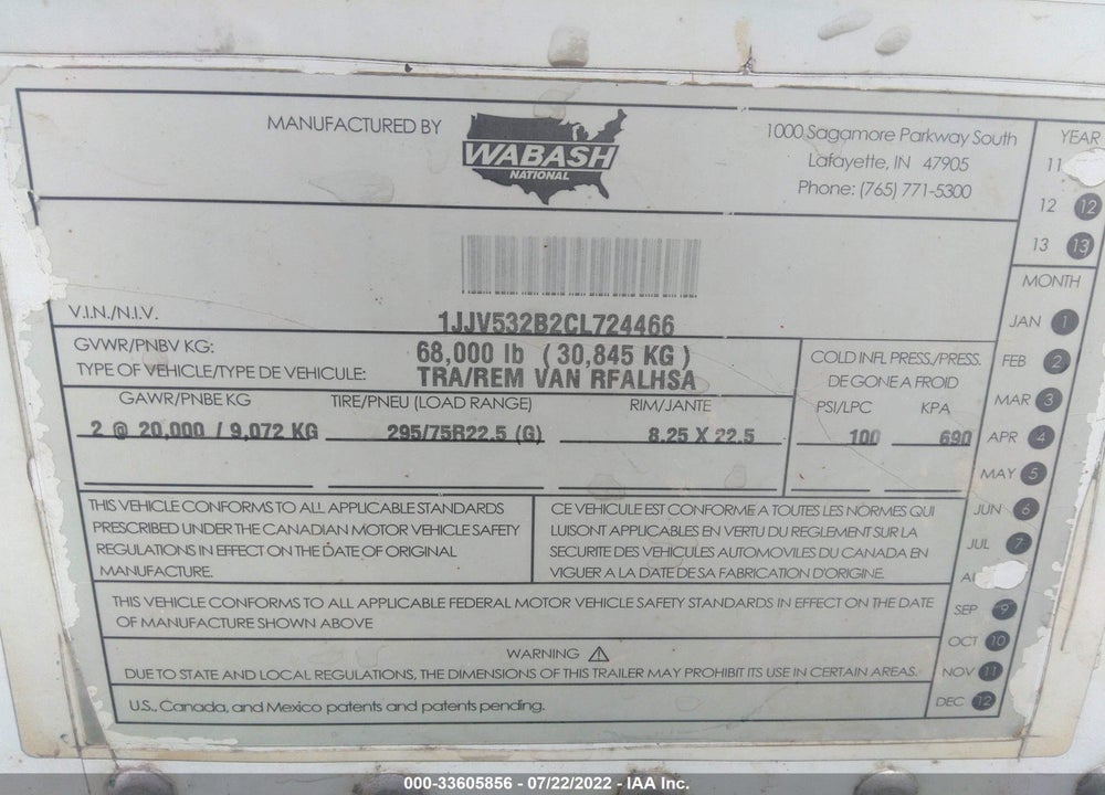 2012 WABASH NATIONAL CORP --- VIN: 1JJV532B2CL724466