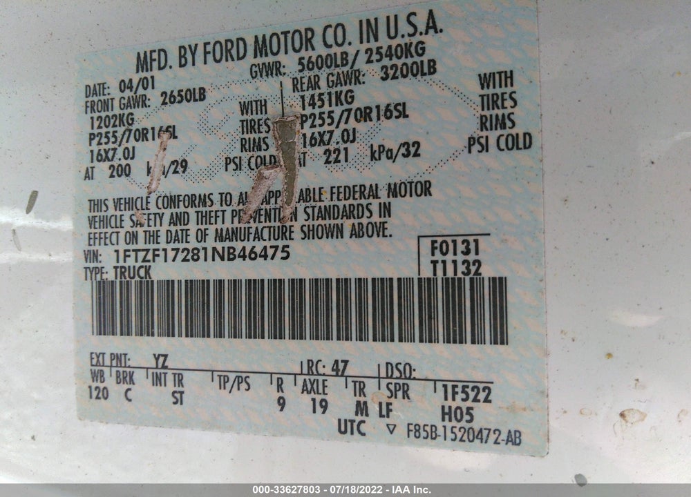 2001 FORD F-150 XLT/XL VIN: 1FTZF17281NB46475