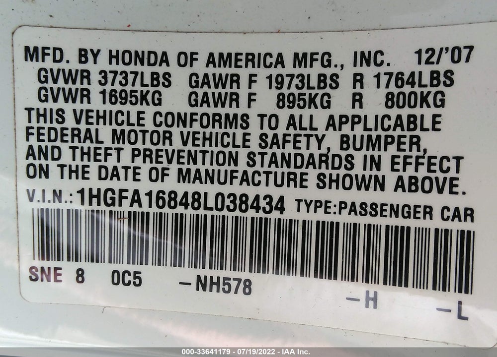 2008 HONDA CIVIC EX VIN: 1HGFA16848L038434