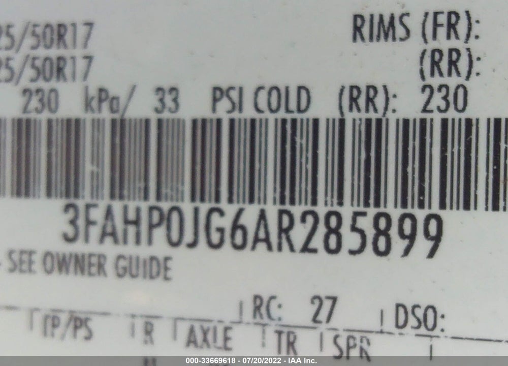 2010 FORD FUSION SEL VIN: 3FAHP0JG6AR285899