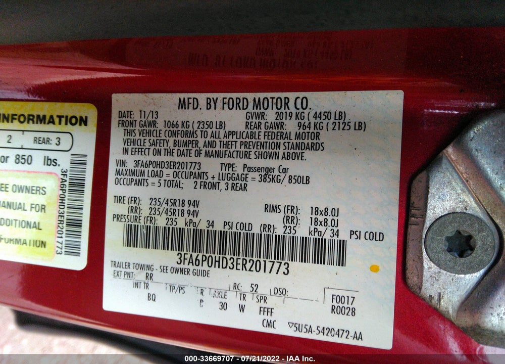 2014 FORD FUSION SE VIN: 3FA6P0HD3ER201773