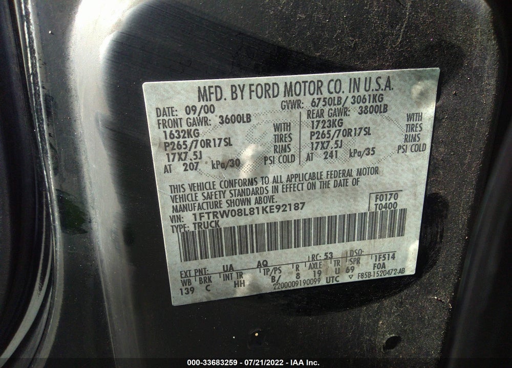 2001 FORD F-150 SUPERCREW XLT/LARIAT/KING RANCH VIN: 1FTRW08L81KE92187