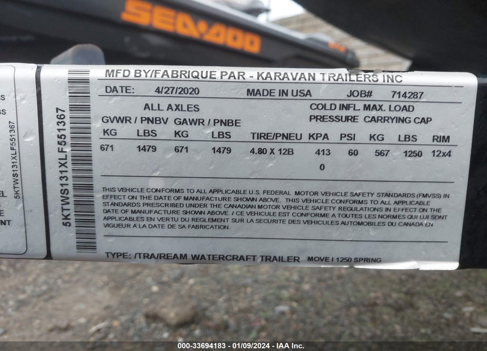 2021 SEADOO SPARK VIN: YDV43230A121