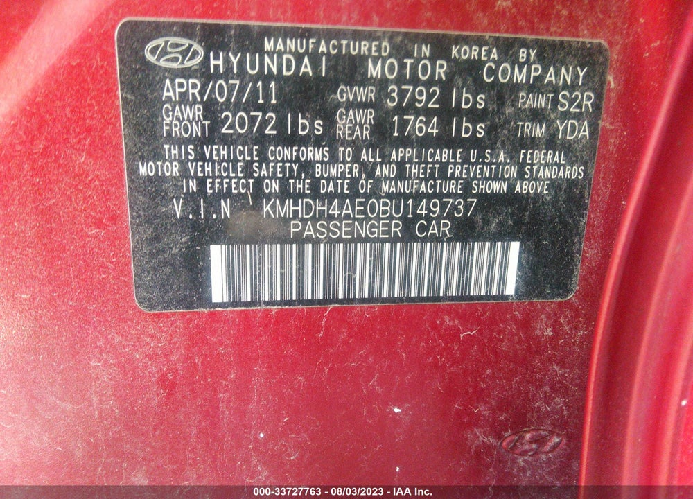 2011 HYUNDAI ELANTRA GLS (ULSAN PLANT) VIN: KMHDH4AE0BU149737