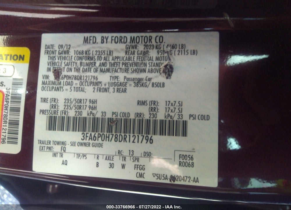 2013 FORD FUSION SE VIN: 3FA6P0H78DR121796
