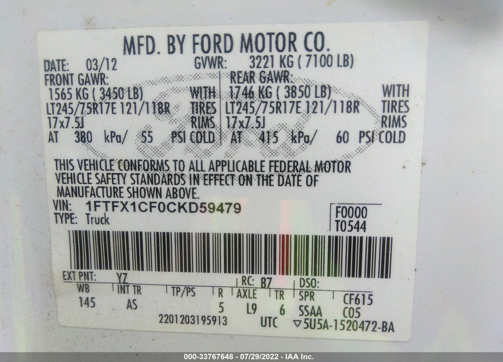 2012 FORD F-150 XL VIN: 1FTFX1CF0CKD59479