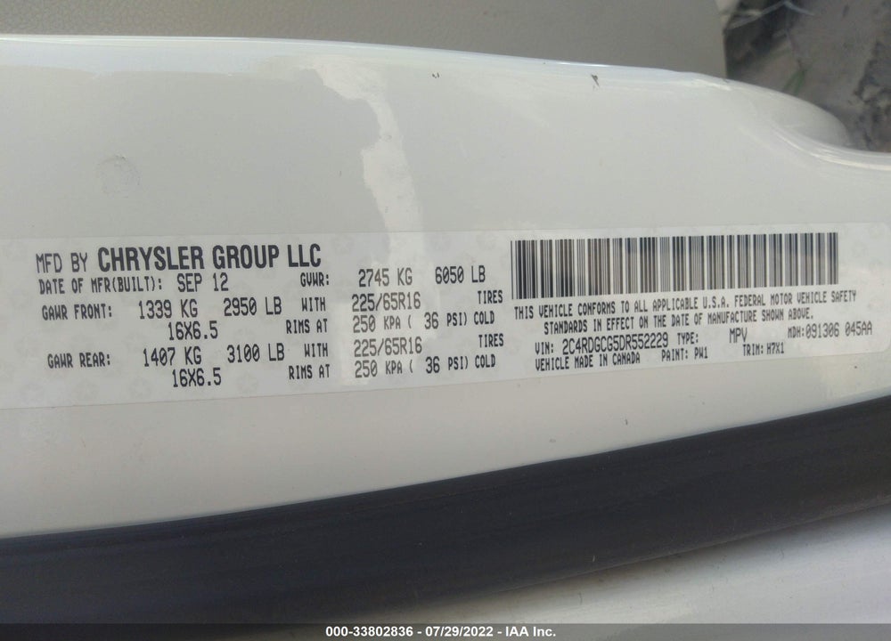 2013 DODGE GRAND CARAVAN SXT VIN: 2C4RDGCG5DR552229