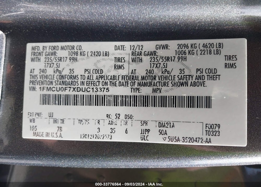 2013 FORD ESCAPE S VIN: 1FMCU0F7XDUC13375