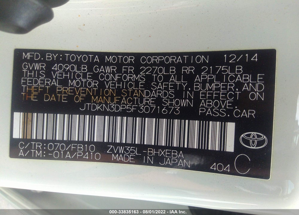2015 TOYOTA PRIUS PLUG-IN VIN: JTDKN3DP5F3071673