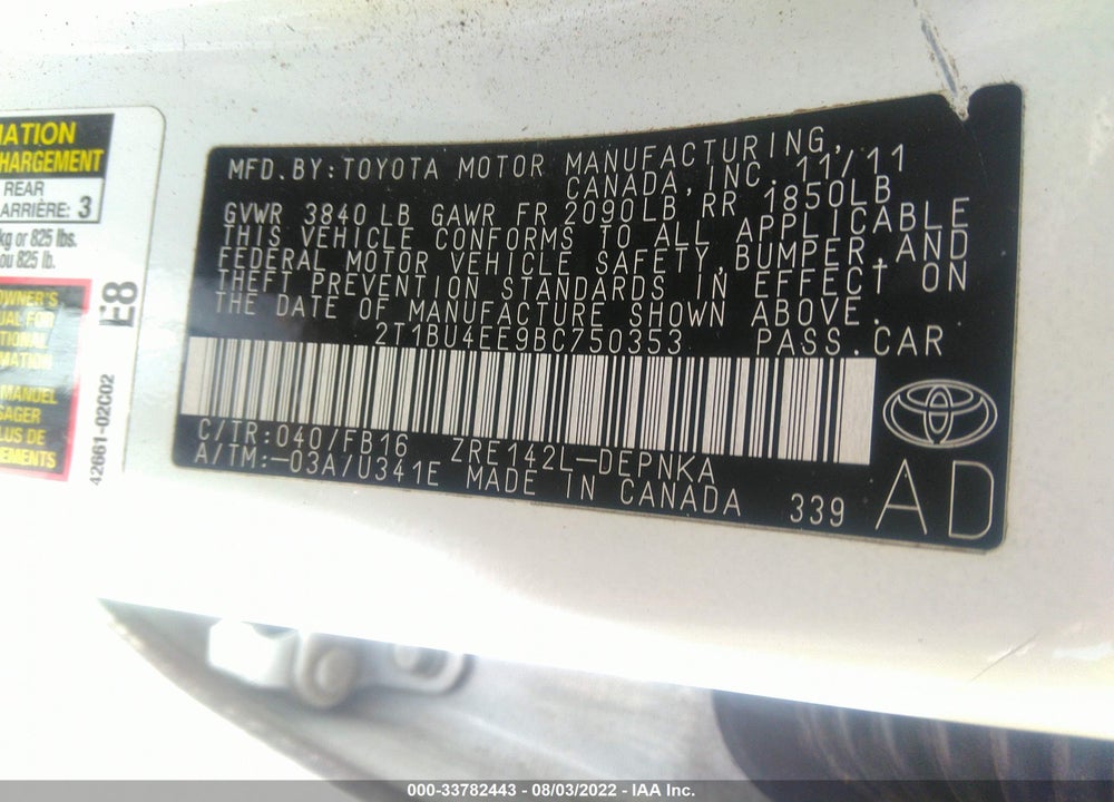 2011 TOYOTA COROLLA LE VIN: 2T1BU4EE9BC750353