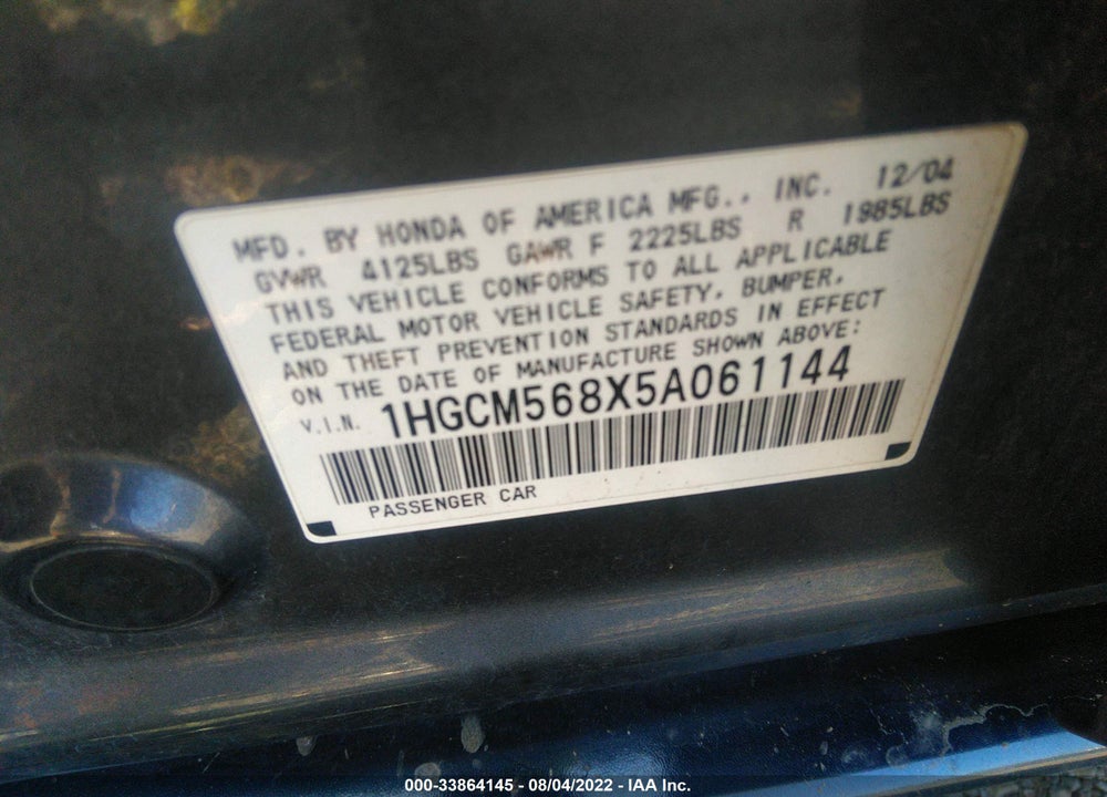 2005 HONDA ACCORD 2.4 EX VIN: 1HGCM568X5A061144