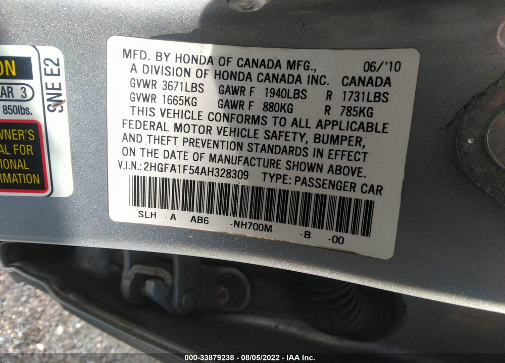 2010 HONDA CIVIC LX VIN: 2HGFA1F54AH328309