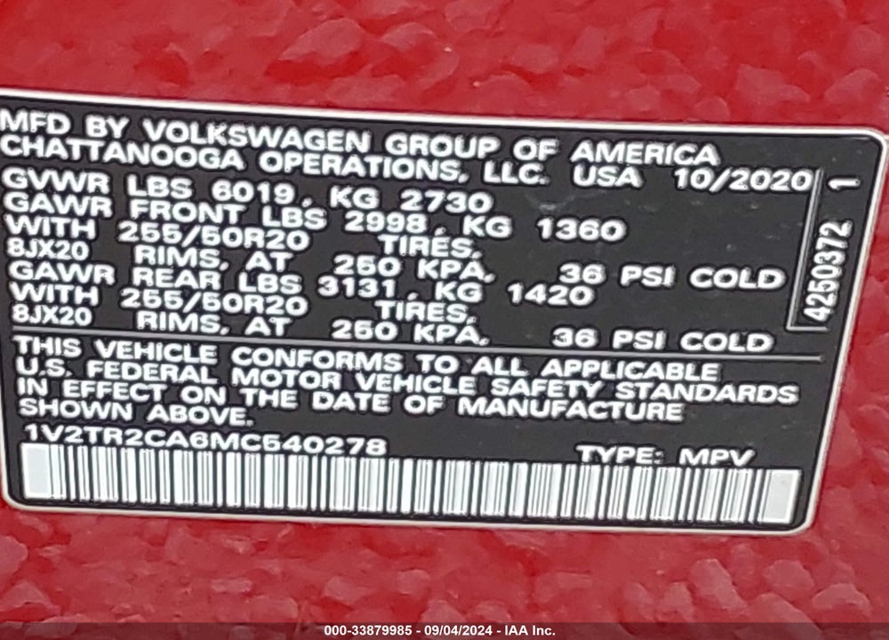 2021 VOLKSWAGEN ATLAS 3.6L V6 SEL PREMIUM VIN: 1V2TR2CA6MC540278