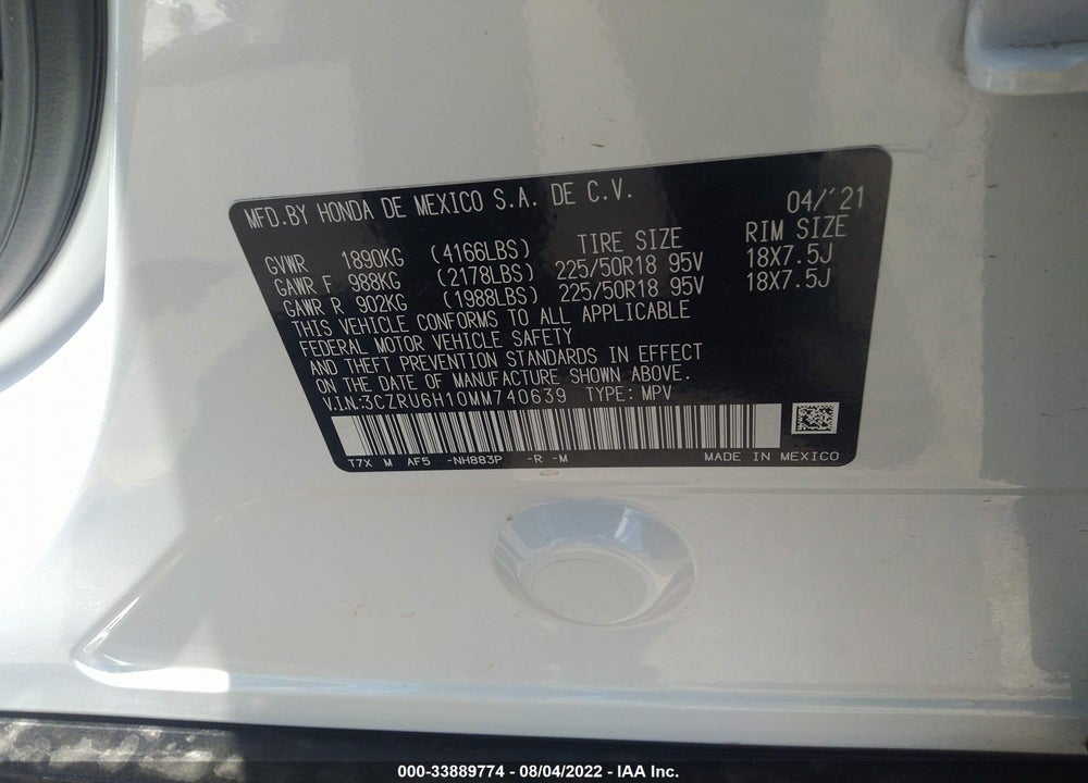 2021 HONDA HR-V AWD SPORT VIN: 3CZRU6H10MM740639