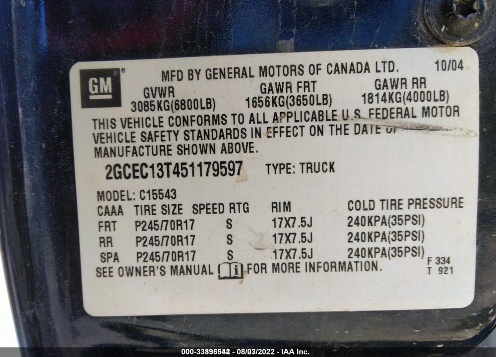 2005 CHEVROLET SILVERADO 1500 LS VIN: 2GCEC13T451179597