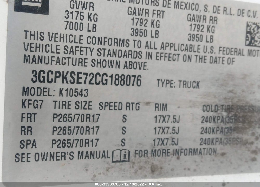 2012 CHEVROLET SILVERADO 1500 LT VIN: 3GCPKSE72CG188076