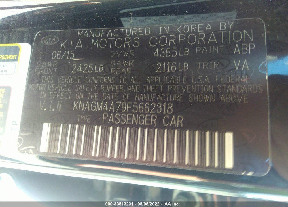 2015 KIA OPTIMA LX VIN: KNAGM4A79F5662318