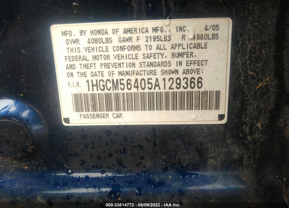 2005 HONDA ACCORD 2.4 LX VIN: 1HGCM56405A129366
