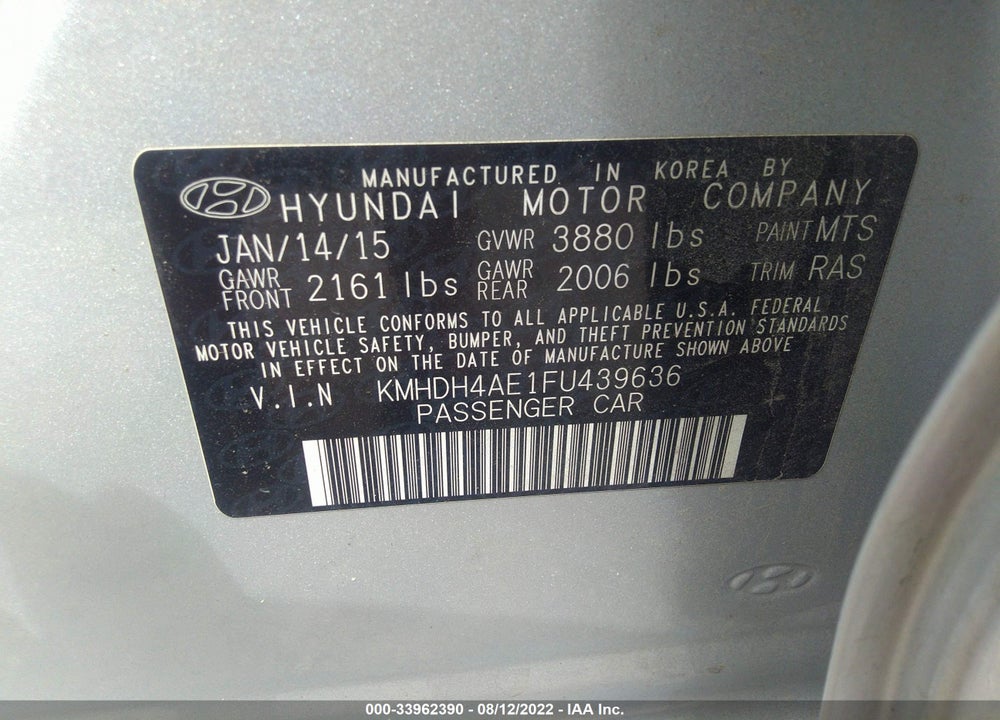 2015 HYUNDAI ELANTRA SE (ULSAN PLANT) VIN: KMHDH4AE1FU439636