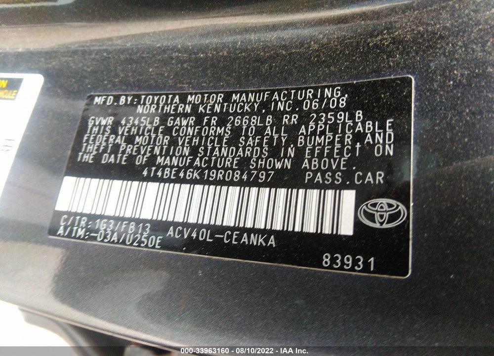 2009 TOYOTA CAMRY LE VIN: 4T4BE46K19R084797