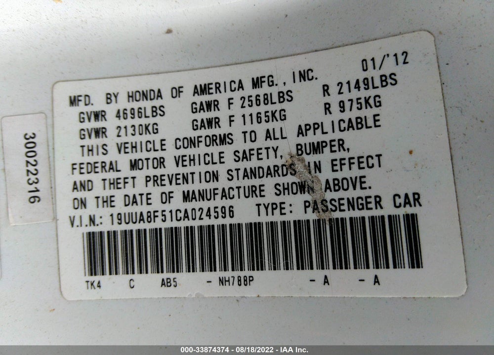 2012 ACURA TL 3.5 VIN: 19UUA8F51CA024596