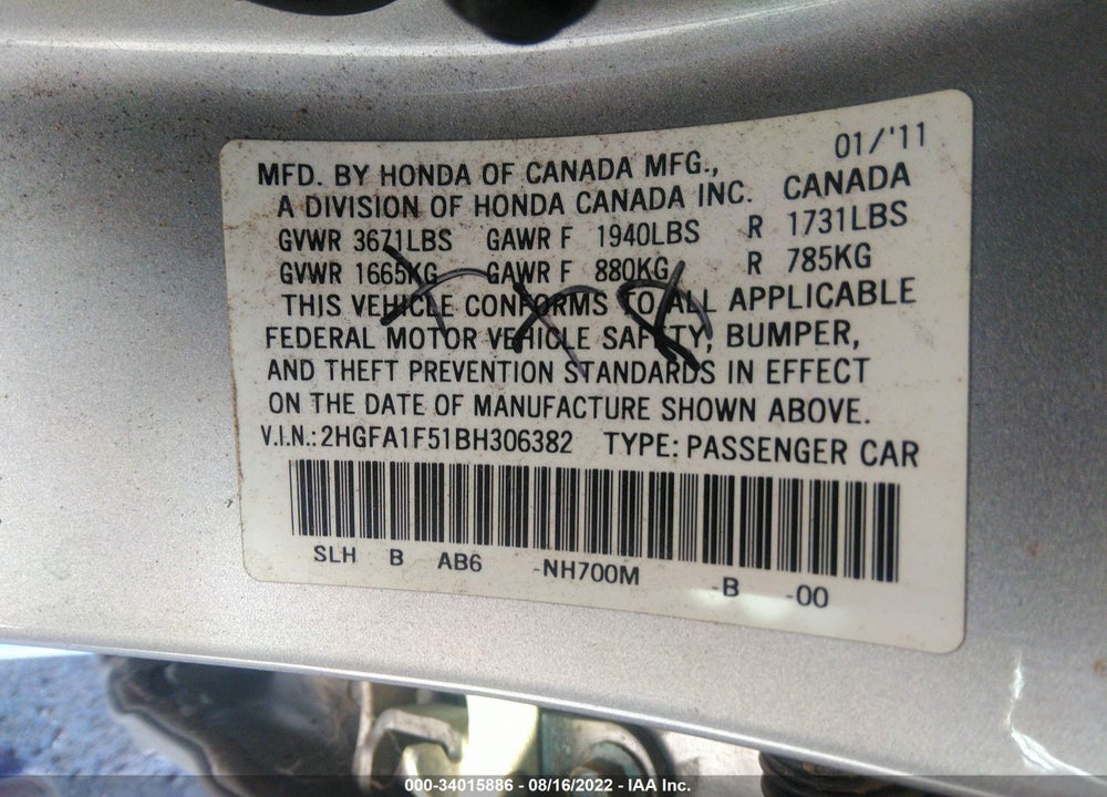 2011 HONDA CIVIC LX VIN: 2HGFA1F51BH306382