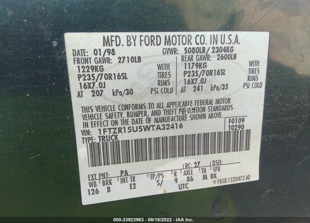 1998 FORD RANGER XLT/SPLASH/XL VIN: 1FTZR15U5WTA32416