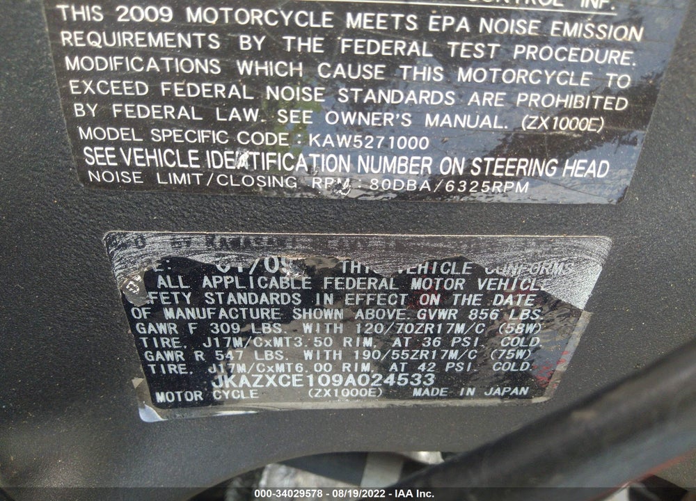 2009 KAWASAKI ZX1000 E VIN: JKAZXCE109A024533