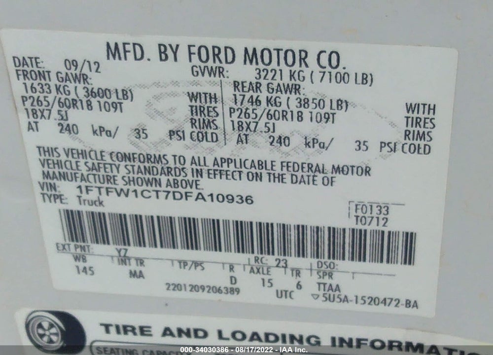 2013 FORD F-150 XLT VIN: 1FTFW1CT7DFA10936