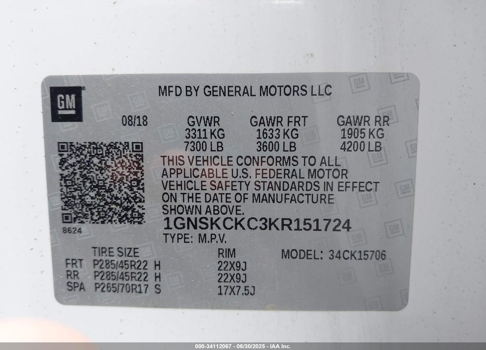 2019 CHEVROLET TAHOE VIN: 1GNSKCKC3KR151724