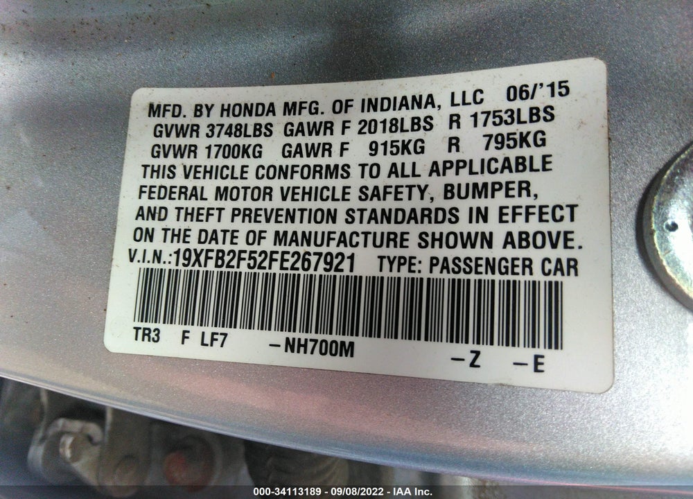 2015 HONDA CIVIC LX VIN: 19XFB2F52FE267921