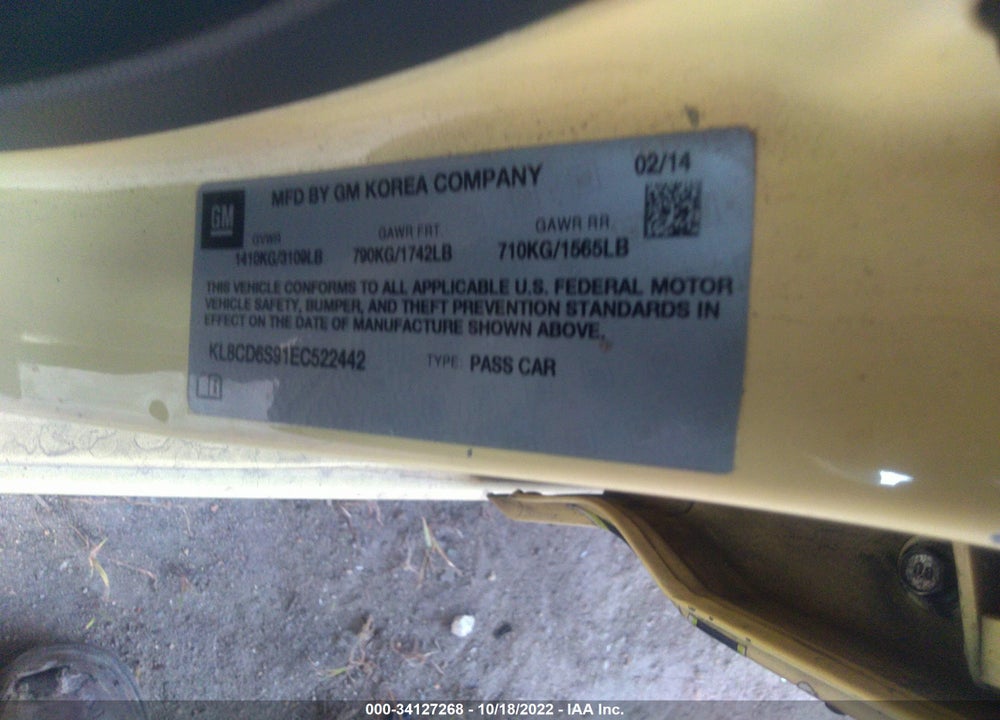 2014 CHEVROLET SPARK 1LT AUTO VIN: KL8CD6S91EC522442