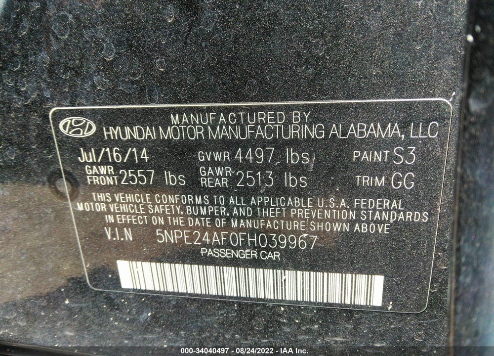 2015 HYUNDAI SONATA SE VIN: 5NPE24AF0FH039967