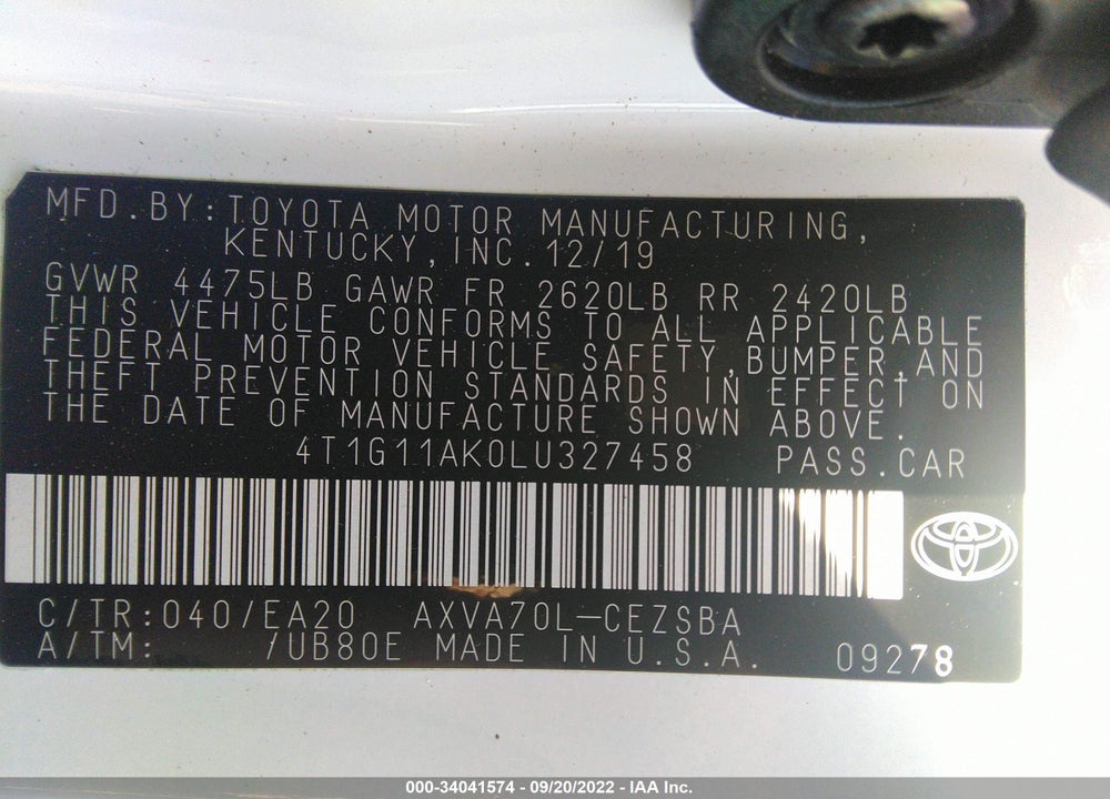 2020 TOYOTA CAMRY SE VIN: 4T1G11AK0LU327458