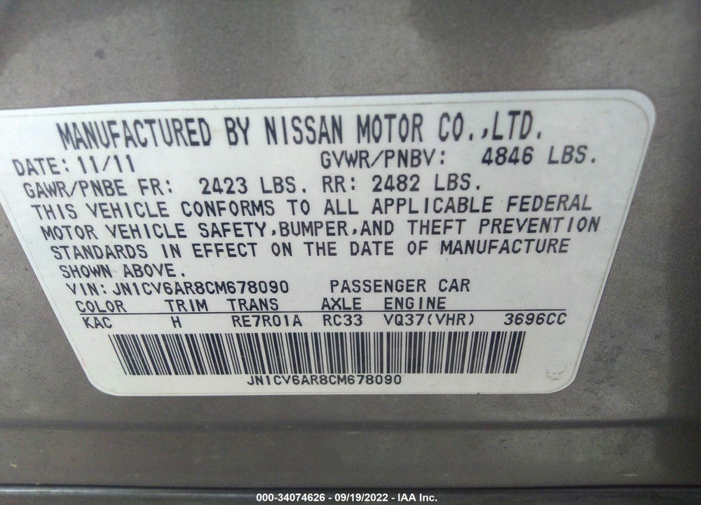 2012 INFINITI G37X VIN: JN1CV6AR8CM678090