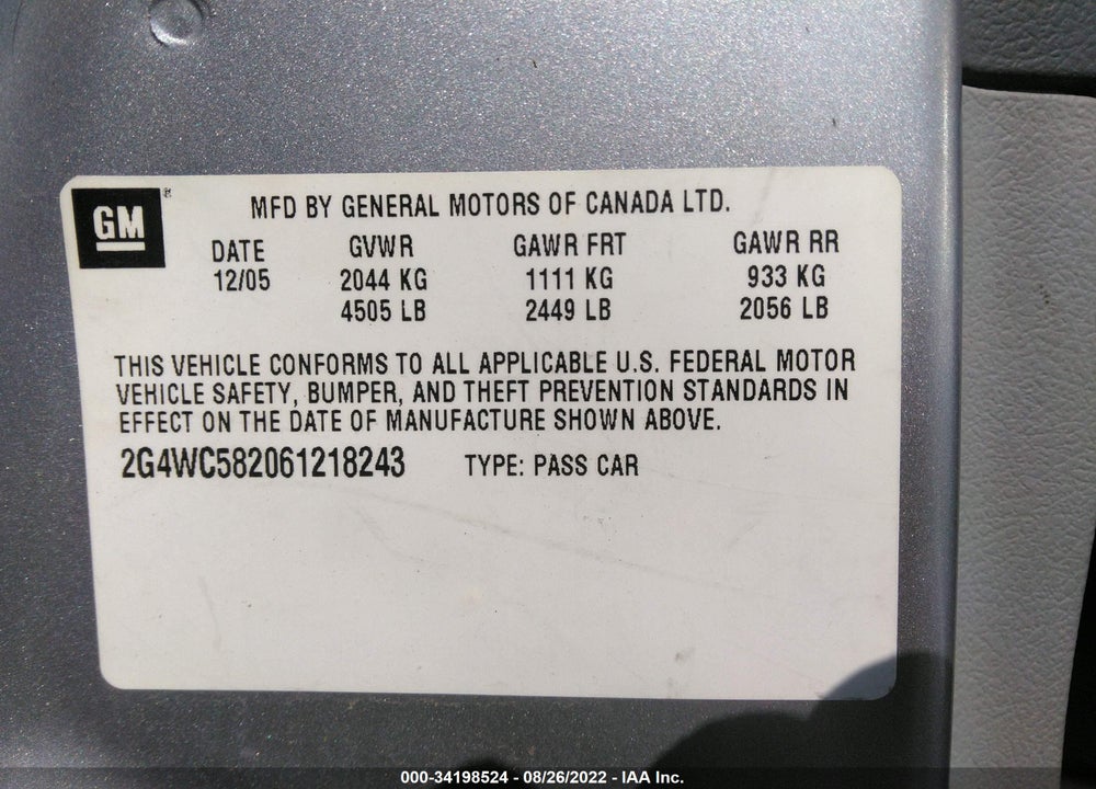 2006 BUICK LACROSSE CX VIN: 2G4WC582061218243