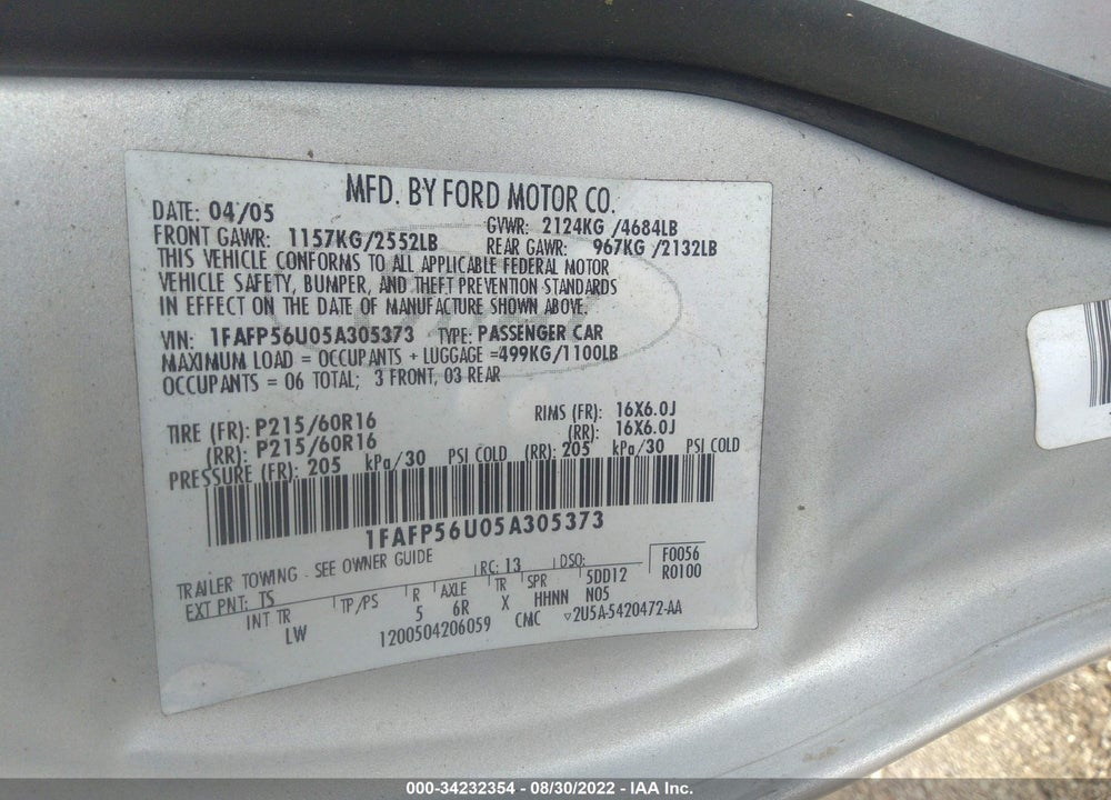 2005 FORD TAURUS SEL VIN: 1FAFP56U05A305373